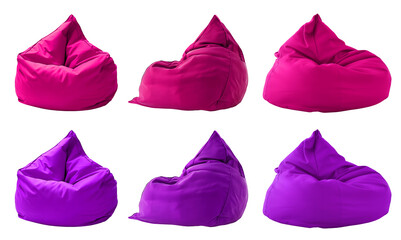 2 Collection set of magenta purple pink plain beanbag bean bag seat chair, front side view on transparent cutout, PNG file. Many angle. Mockup template for design