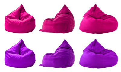 2 Collection set of magenta purple pink plain beanbag bean bag seat chair, front side view on transparent cutout, PNG file. Many angle. Mockup template for design