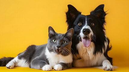 A happy expression border collie dog and grey striped tabby cat together on a yellow background.