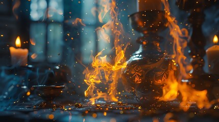 Alchemical transformation scene featuring vibrant flames turning metals into gold