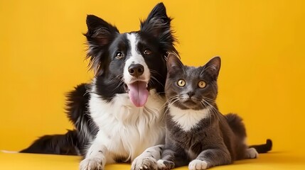 A happy expression border collie dog and grey striped tabby cat together on a yellow background.