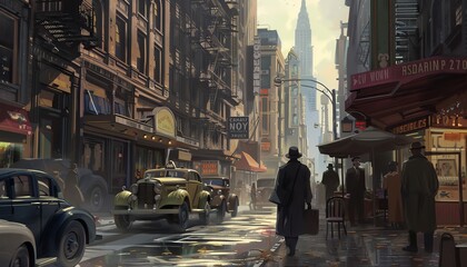 Craft a detailed, environmental background through a tilted angle view Capture the essence of espionage in a bustling city scene with unexpected camera angles Traditional Art Medium preferred