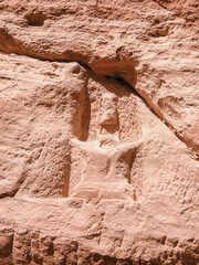 Religious  altars carved into Al Siq gorge wall of Historical Reserve of Petra near the Wadi Musa city which is home to the Petra in Jordan