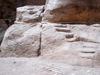 One  of Nabataean burial sites with steps in Petra Historic Reserve near the city of Wadi Musa...