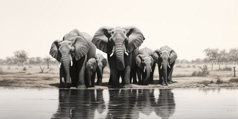 A family of elephants gathered around a watering hole, their trunks entwined in a gesture of affection and unity as they quench their thirst in the African heat. - obrazy, fototapety, plakaty