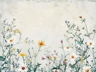 A serene watercolor portrayal of a square frame of wildflowers including daisies and buttercups