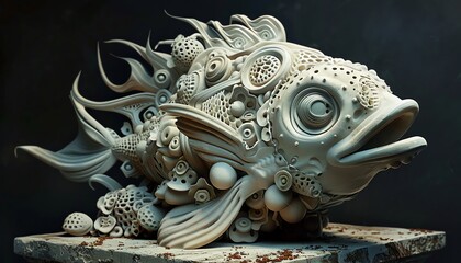 Fototapeta premium Illustrate a detailed clay sculpture of fantastical underwater creatures conveying musical harmony through intricate design and texture
