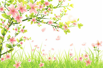 Spring Blossoms and Falling Petals on Fresh Green Grass, Seasonal Background with Copy Space