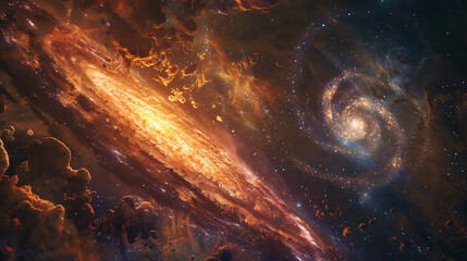 illustration of two dominant yellow glowing galaxies, cosmic-themed wallpapers and stunning sci-fi visuals