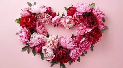 A heart-shaped frame filled with lush red and pink peonies their full blooms creating a romantic and dense floral border