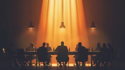 Illustration of a negotiation table scene under a spotlight, emphasizing high-stakes decisions - obrazy, fototapety, plakaty