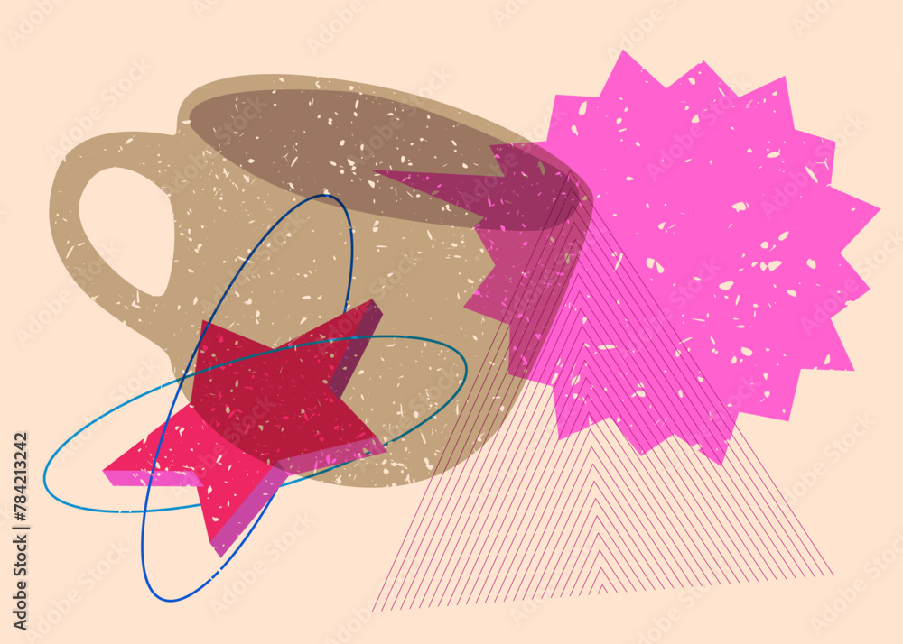 Poster risograph coffee cup with speech bubble with geometric shapes. objects in trendy riso graph print te