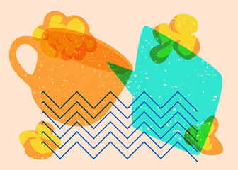 Risograph Coffee cup with speech bubble with geometric shapes. Objects in trendy riso graph print texture style design with geometry elements.