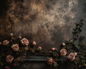 Obraz na płótnie Canvas Pink roses on an old gray wall. Vintage background in dark gray tones with roses on the edges, copy space. Photo studio backdrop