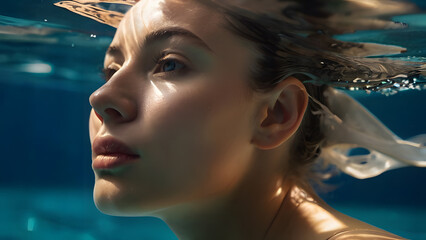 a woman with her hair in the water and the bubbles that are underwater