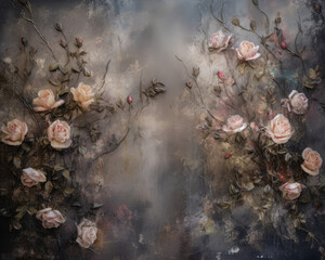 Pink Roses on a Old Gray Wall. Vintage Background with Roses Flowers