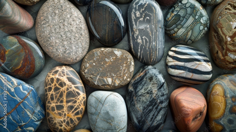 Poster smooth stones with different mineral patterns, arranged to highlight natural diversit, ai generative
