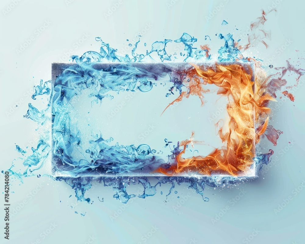 Poster a dynamic watercolor rendering of a rectangular fire frame showcasing a turbulent dance of blue and 