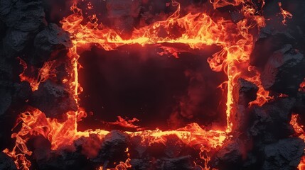 A fiery rectangular frame of flowing lava glowing intensely with red and orange hues - obrazy, fototapety, plakaty