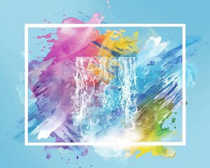A dynamic watercolor composition of a square frame featuring a cascade of waterfall splashes vibrant and lively against a clean