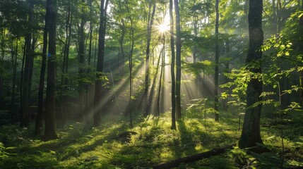 Obraz premium Lush green forest with sunlight filtering through the trees