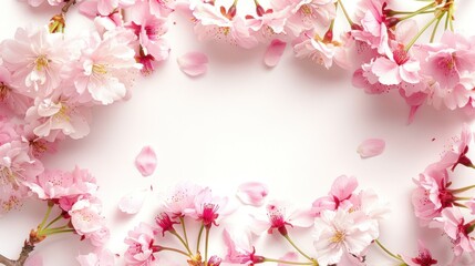 A delicate rectangular frame composed of soft pink cherry blossoms their petals slightly overlapping