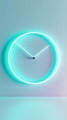 A circular neon frame that fades from cool teal to sea blue subtly surrounding a minimalist clock face