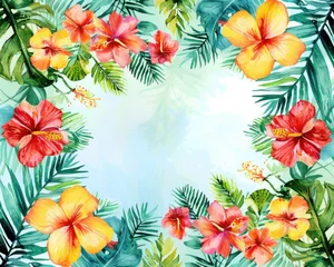 Tuinposter A bright watercolor composition of an oval frame created with tropical hibiscus and ferns the vivid colors popping against a clean © Nisit