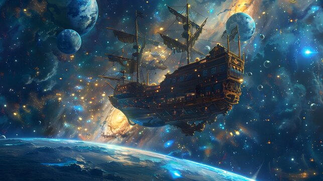 A pirate ship floats in the middle of space amidst a beautiful planet