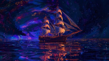 Beautiful pirate ship at night