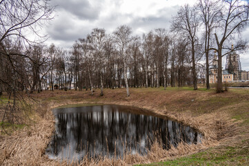 Landscape with little dark pond in the old park in the spring.