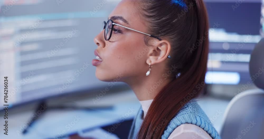 Poster woman, computer or security of data, analytics or it as typing, search or planning digital software.