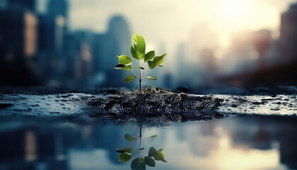 A seedling grows through asphalt in a dirty city , Environmental eco safe Conservation