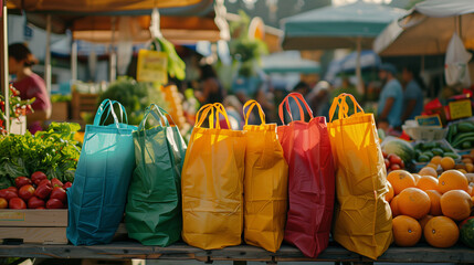 Vibrant farmers market bursting with fresh produce in colorful reusable bags. Zero plastic waste!...