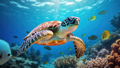 Fototapeta na wymiar A large turtle swims in a clear ocean , Environmental eco safe Conservation