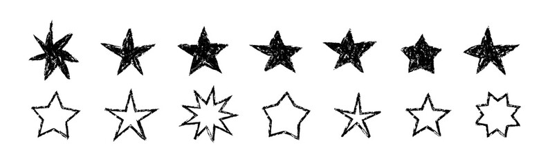 Hand Drawn Star Shapes. Grunge charcoal, crayon, pencil scrawl hand drawn stars, rough doodle shapes. Starry Elements in black color. (Full Vector)