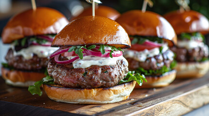 Delicious Gourmet Burger with Aioli Sauce on Rustic Wooden Board. Food Photography