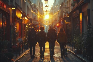 Friends walk down a festive, illuminated street at dusk, basking in the warm glow.