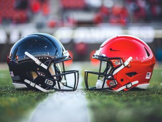 Photo of two football helmets on stadium 