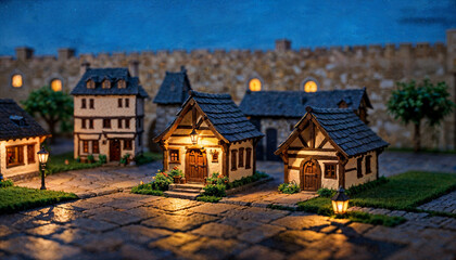 miniature scene of medieval tavern building at night, generative AI
