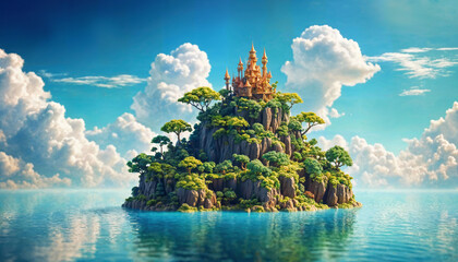 miniature scene of fantasy island with cloud sky, generative AI