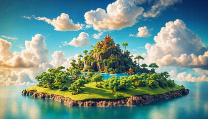 miniature scene of fantasy island with cloud sky, generative AI