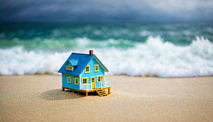 miniature scene of tiny house of sand beach island, generative AI