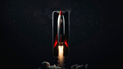 Rocket illustration on iphone cell phone screen, black background. Generative AI hyper realistic 