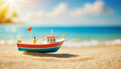 Fototapeta premium miniature scene of boat and sand beach island, generative AI