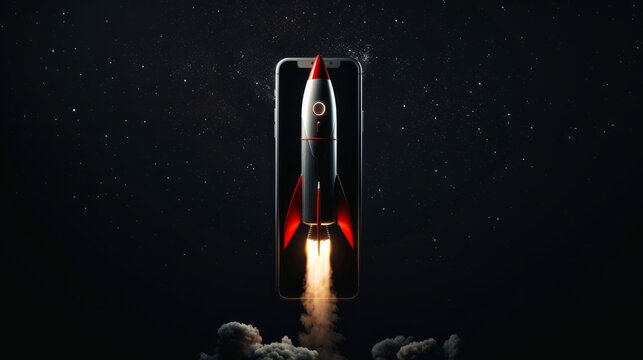 Rocket illustration on iphone cell phone screen, black background. Generative AI hyper realistic 