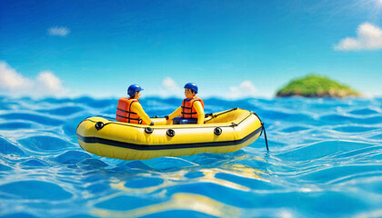 miniature scene of raft rescue float boat and sand beach island, generative AI