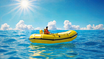 miniature scene of raft rescue float boat and sand beach island, generative AI