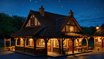 miniature scene of medieval tavern building at night, generative AI