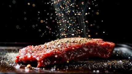 An intimate view of a steak preparation, with a sprinkle of seasoning adding the final touch to a dish against a dark, moody background.